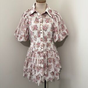 Floral Eyelet Mini Dress Medium Puff Sleeve Coquette Fairy The Clothing Company